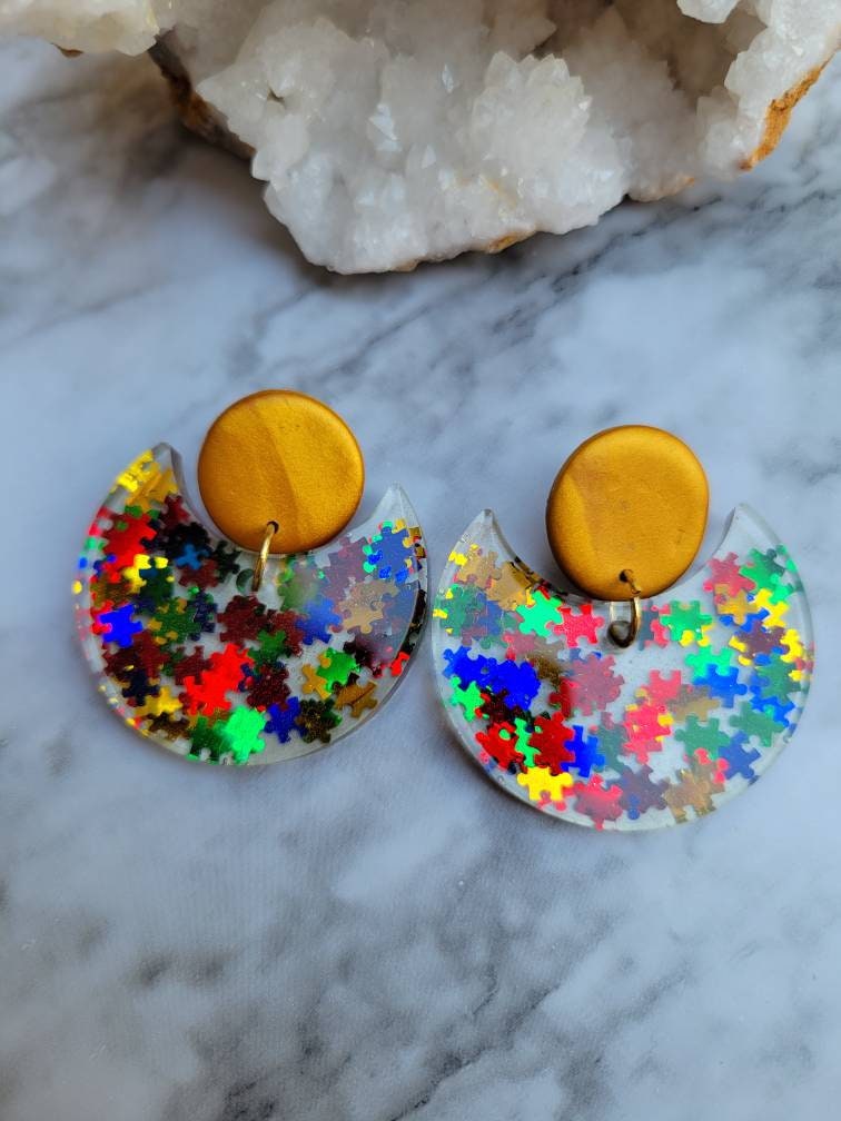 Autism Awareness Inspired | Resin Dangle Earrings with Glitter Puzzle Pieces