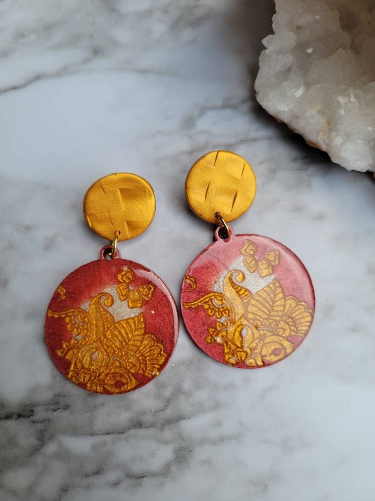 Gold & Red Floral Earrings | Dangle