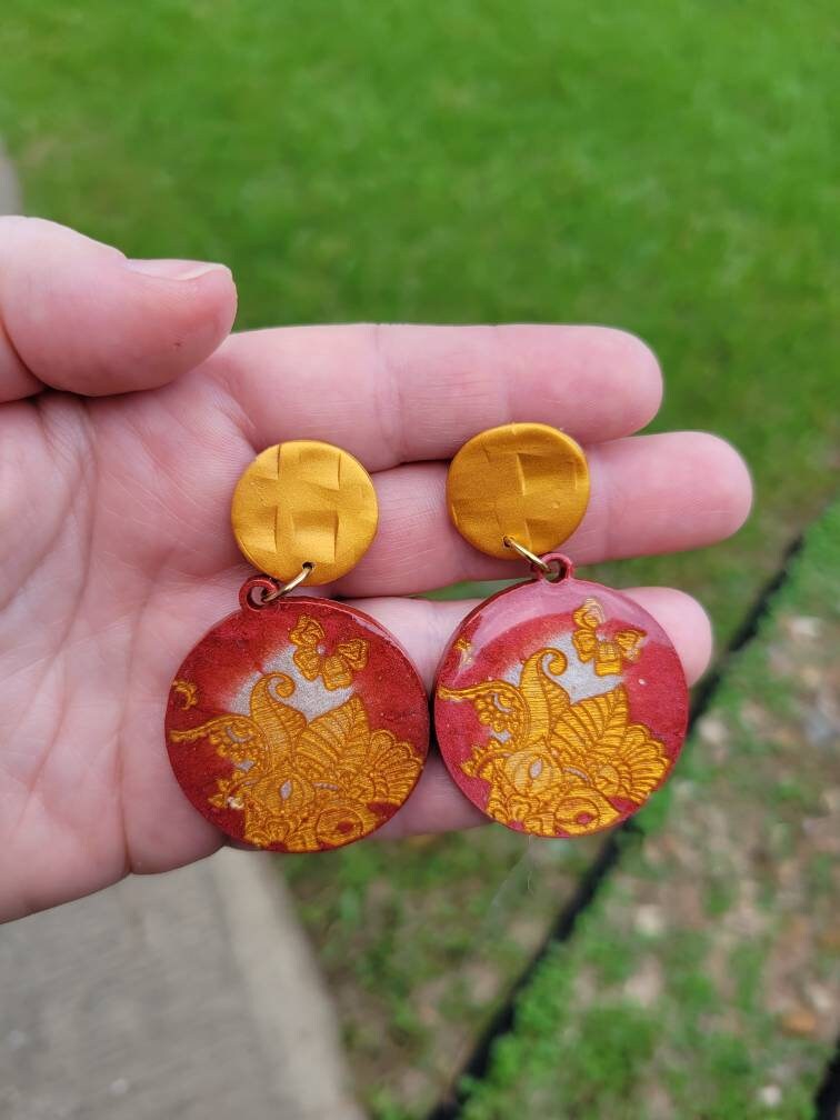 Gold & Red Floral Earrings | Dangle