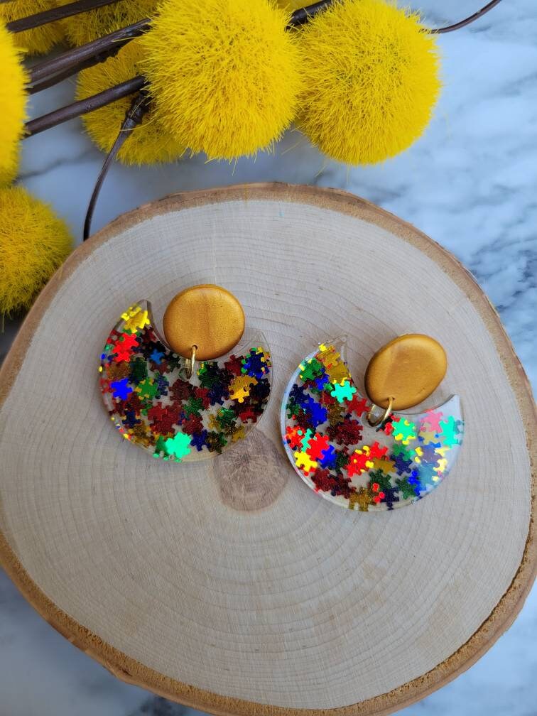 Autism Awareness Inspired | Resin Dangle Earrings with Glitter Puzzle Pieces