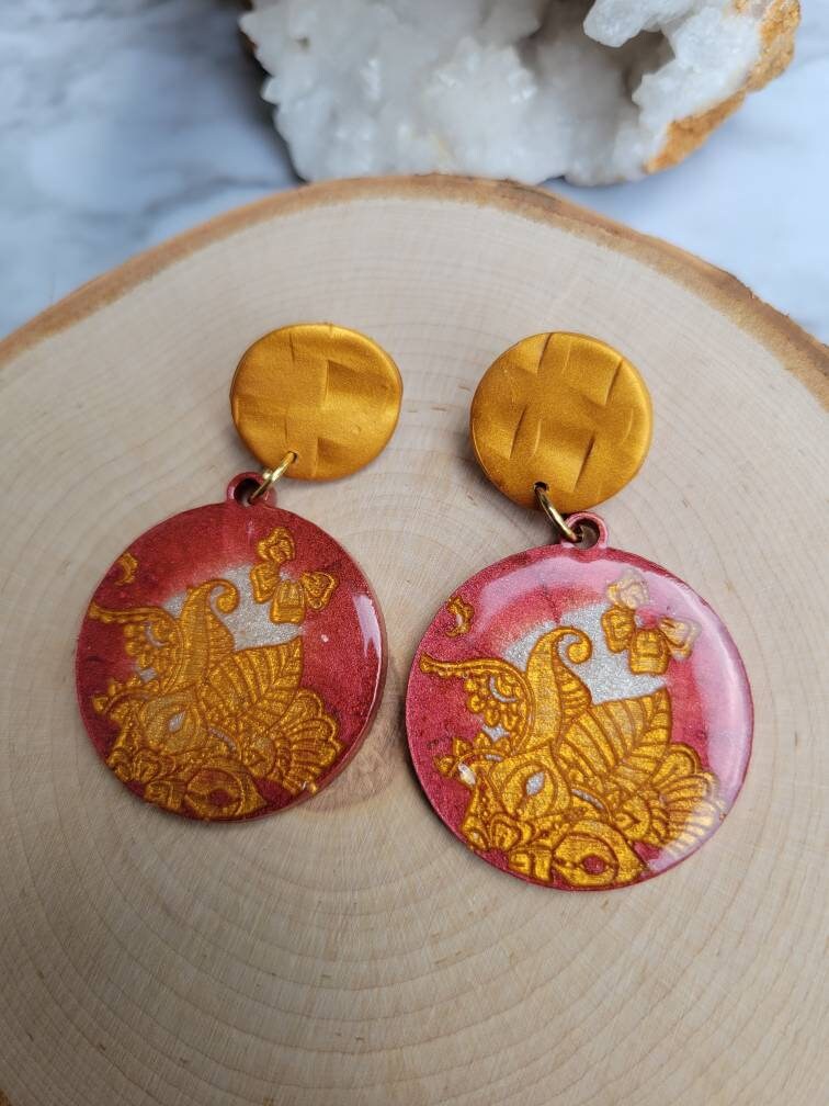 Gold & Red Floral Earrings | Dangle