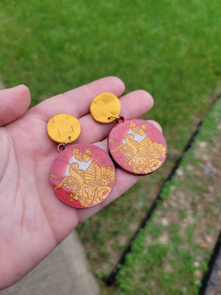 Gold & Red Floral Earrings | Dangle