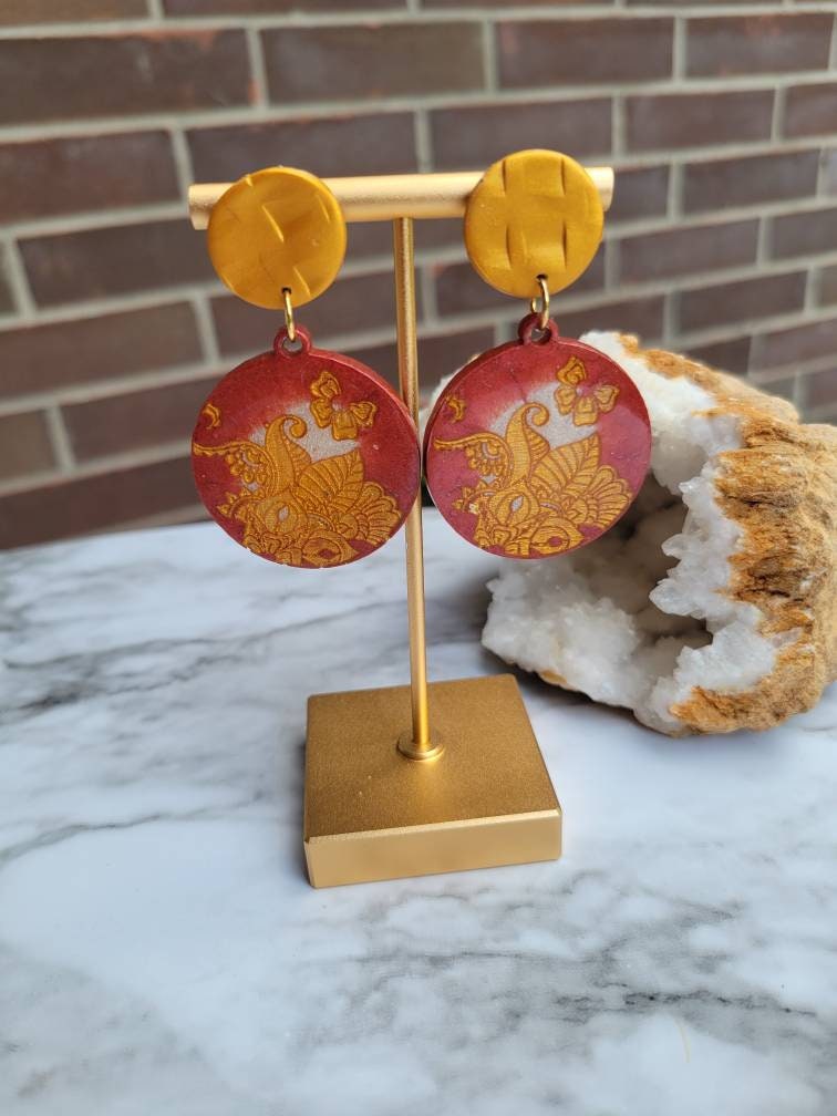 Gold & Red Floral Earrings | Dangle
