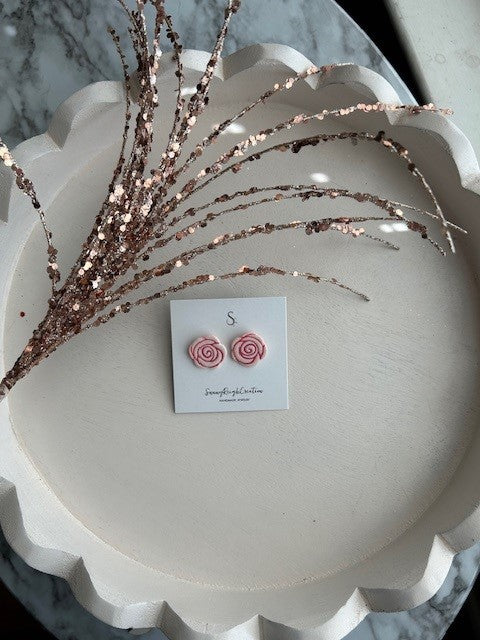 White & Pink Rose Stud Earrings | Small