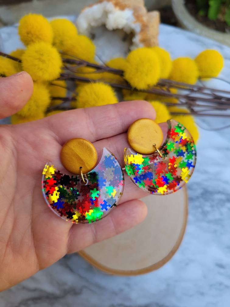 Autism Awareness Inspired | Resin Dangle Earrings with Glitter Puzzle Pieces