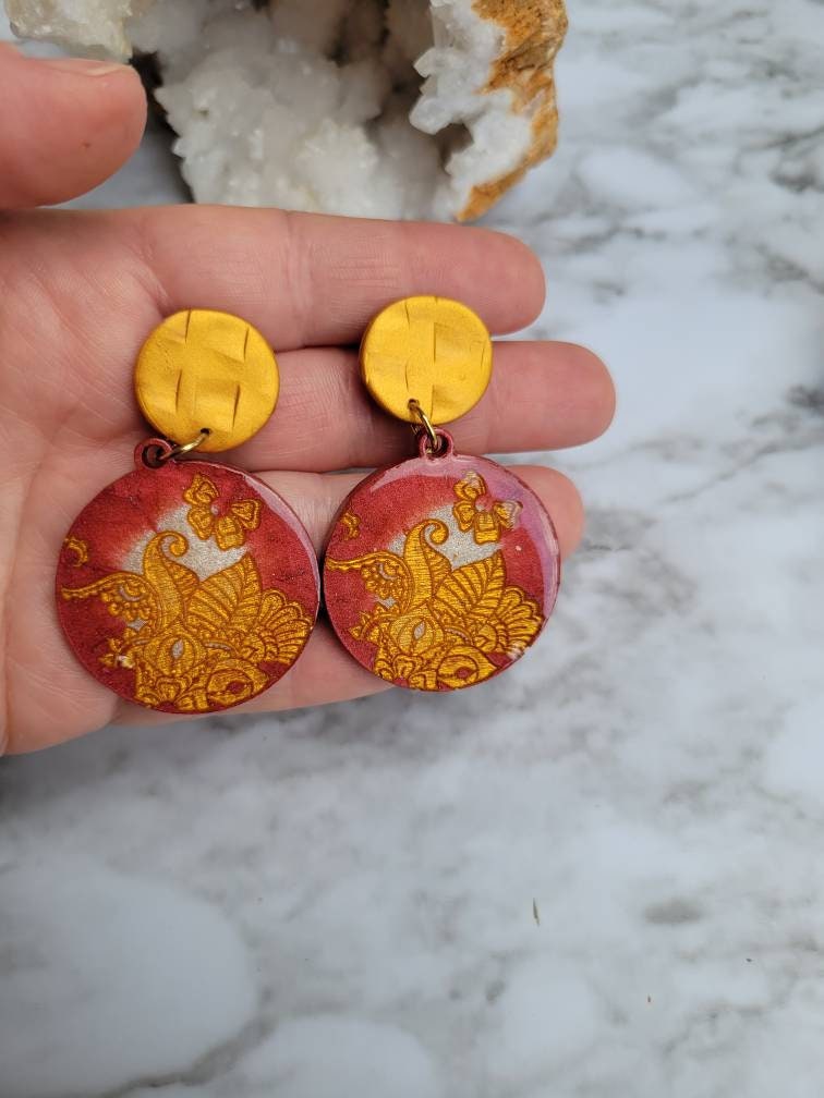 Gold & Red Floral Earrings | Dangle