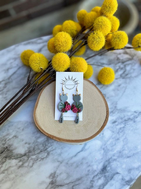 Floral Cat Dangle Earrings | Black Accents