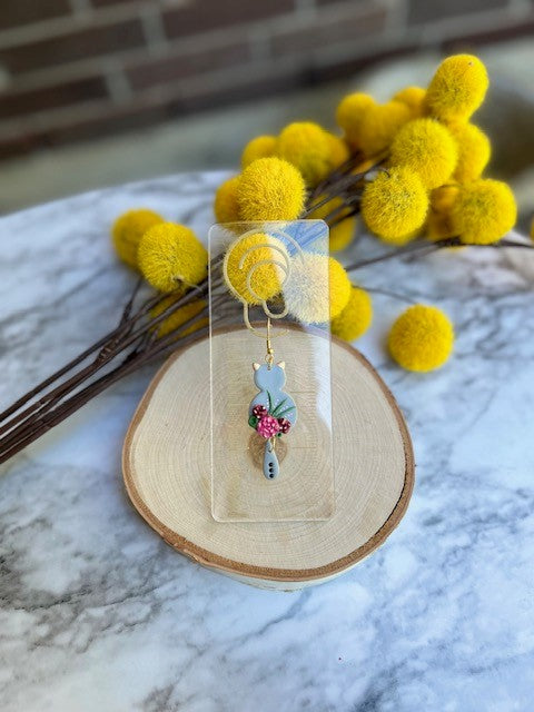 Floral Cat Dangle Earrings | Black Accents