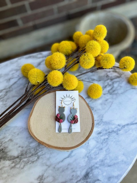 Floral Cat Dangle Earrings | Gold Accents