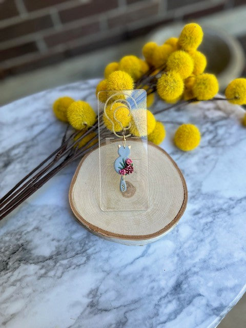 Floral Cat Dangle Earrings | Gold Accents