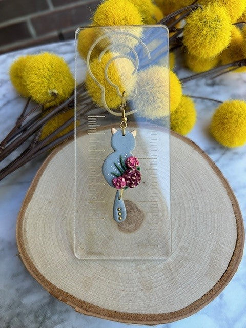 Floral Cat Dangle Earrings | Gold Accents