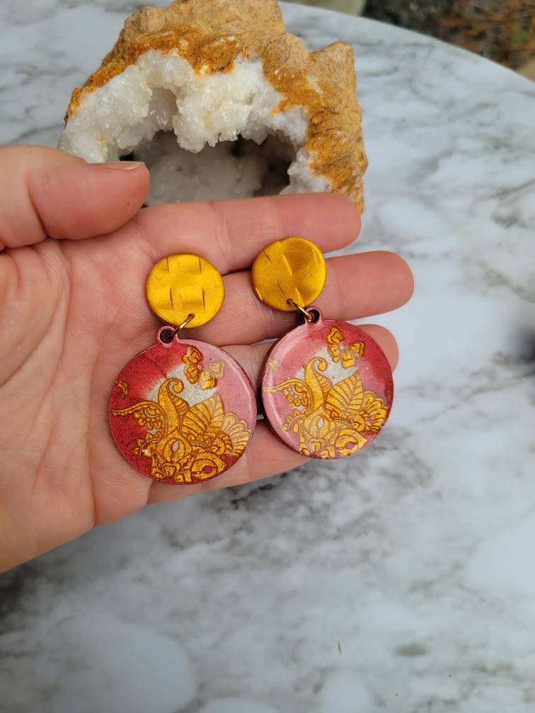 Gold & Red Floral Earrings | Dangle