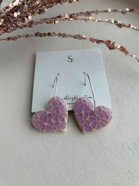 Mosaic-Style Heart Earrings on Hoops | White & Purple