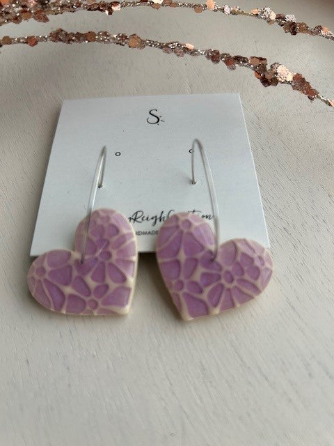 Mosaic-Style Heart Earrings on Hoops | White & Purple