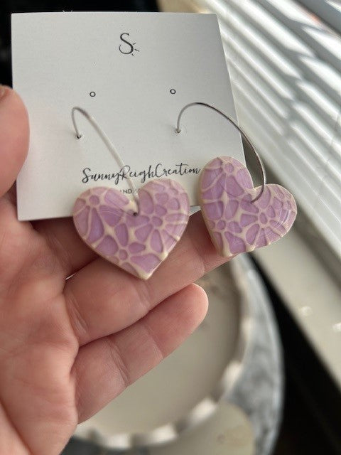 Mosaic-Style Heart Earrings on Hoops | White & Purple