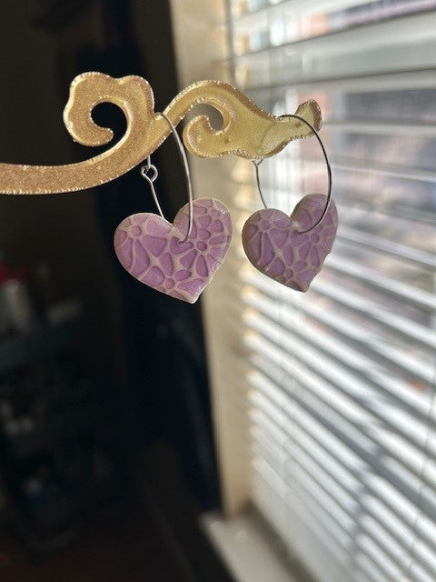 Mosaic-Style Heart Earrings on Hoops | White & Purple