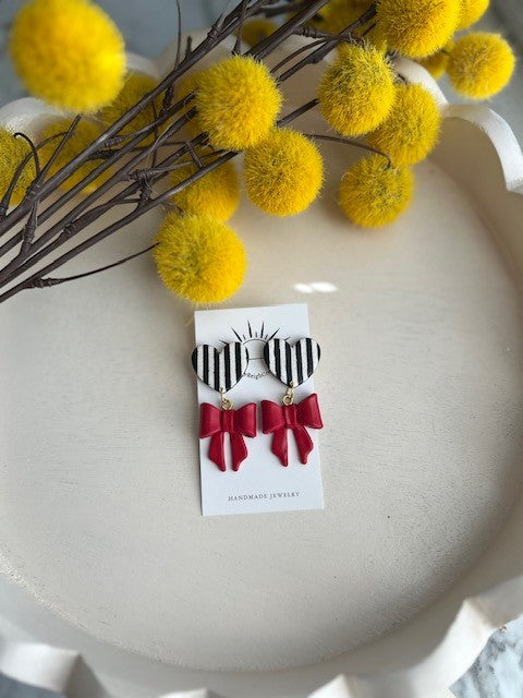 Striped Heart & Red Bow Earrings| Dangle