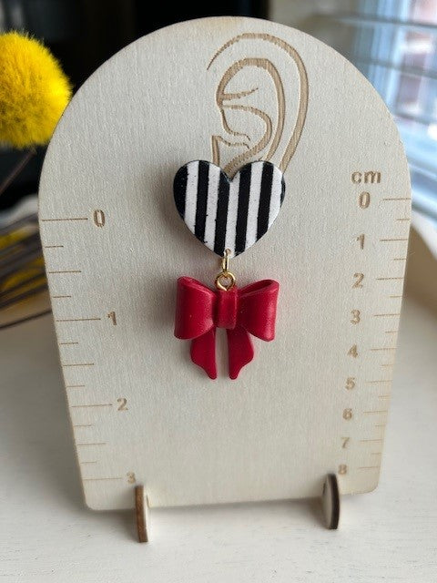 Striped Heart & Red Bow Earrings| Dangle