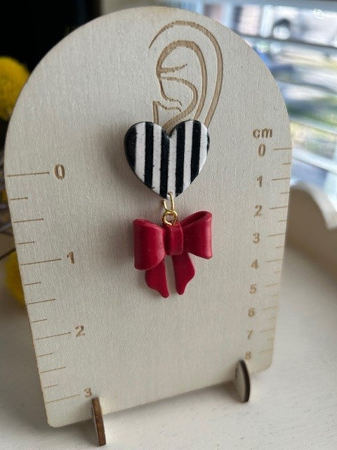 Striped Heart & Red Bow Earrings| Dangle