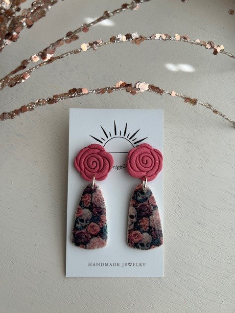 Dusty Rose and Skull Earrings | Dangles