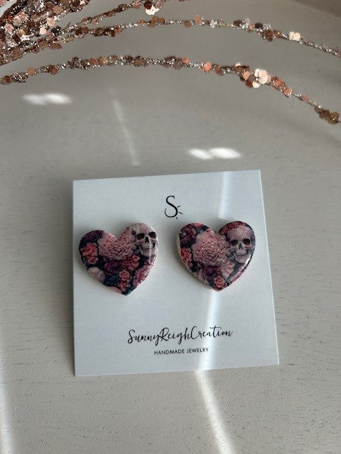 Gothic Romance Heart Earrings – Skull & Floral Design | Stud Earrings