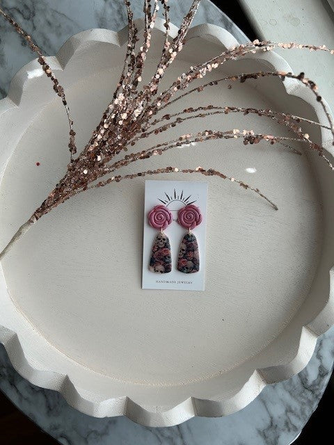 Shimmer Pink Rose & Skulls Earrings | Dangles