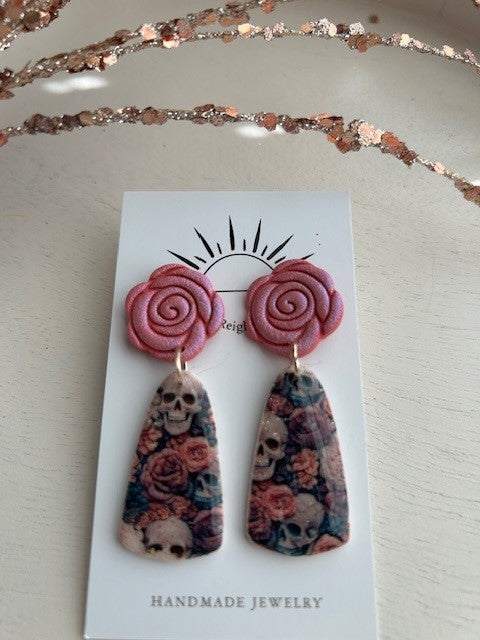 Shimmer Pink Rose & Skulls Earrings | Dangles