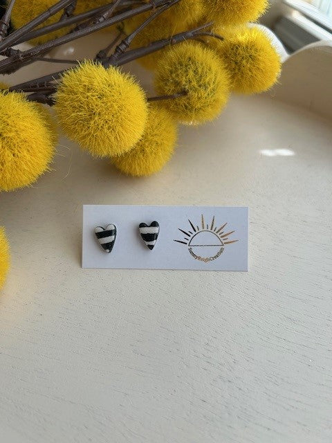 Black & White Striped Heart Stud Earrings | Small