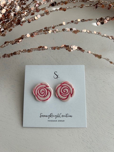 White & Pink Rose Stud Earrings | Small