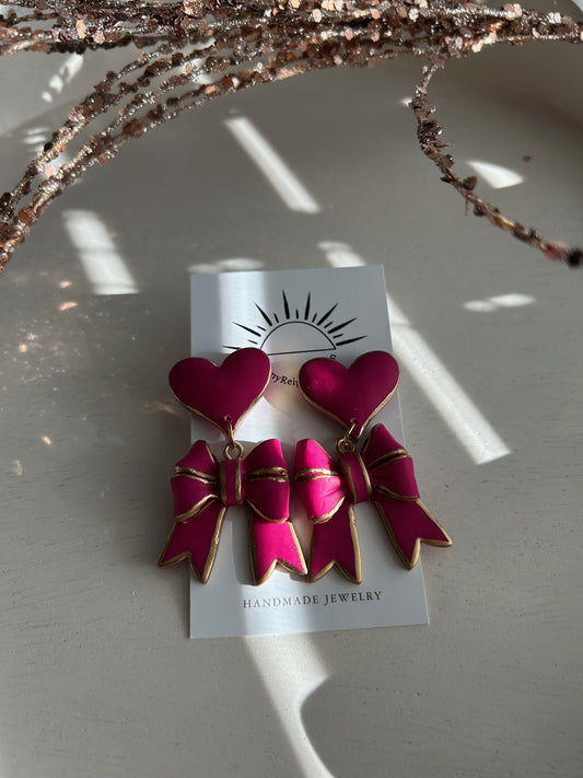 Sweetheart Bow Statement Earrings – Fuchsia & Gold | Dangle Earrings
