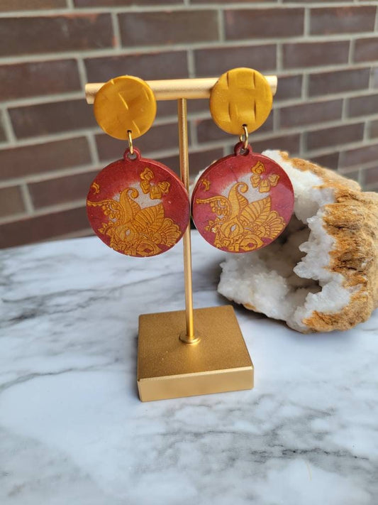 Gold & Red Floral Earrings | Dangle
