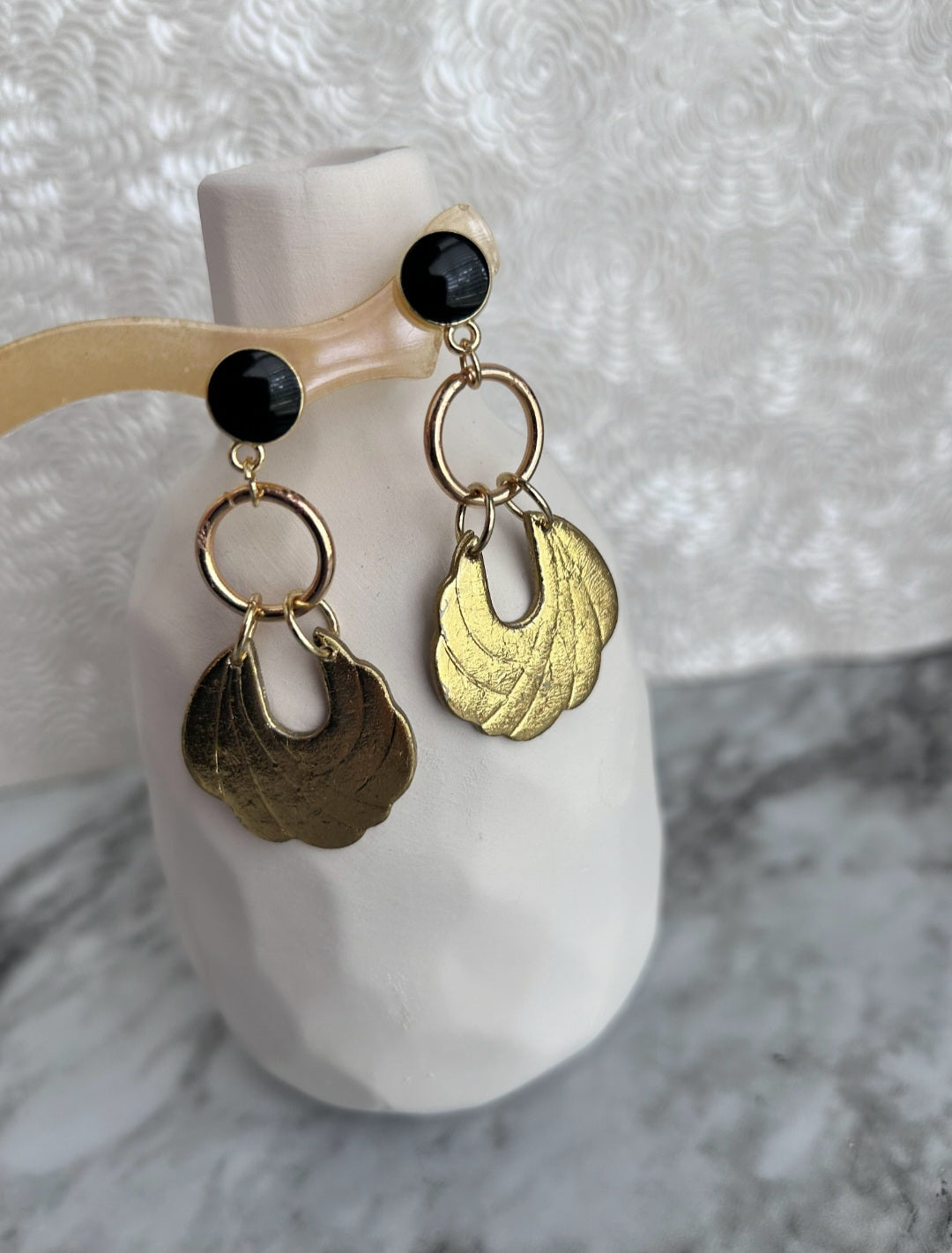 Vintage-Inspired Gold Fan Drop Earrings with Black | Studs