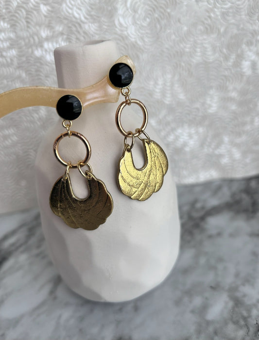 Vintage-Inspired Gold Fan Drop Earrings with Black | Studs