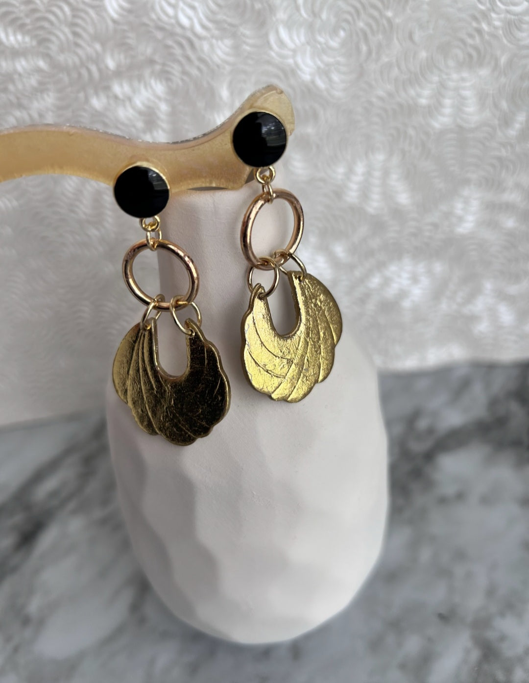 Vintage-Inspired Gold Fan Drop Earrings with Black | Studs