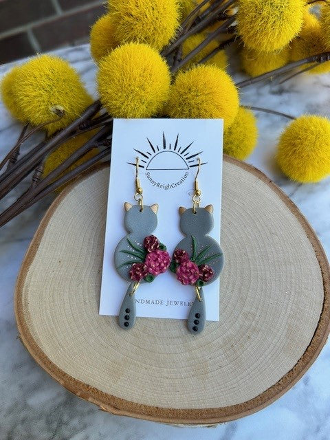 Floral Cat Dangle Earrings | Black Accents