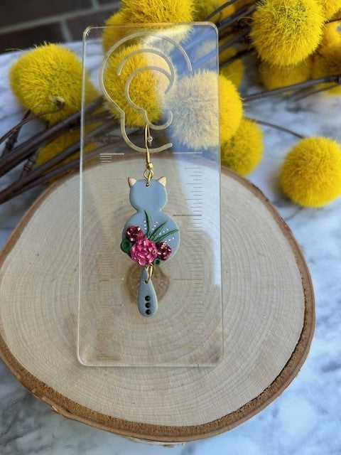Floral Cat Dangle Earrings | Black Accents