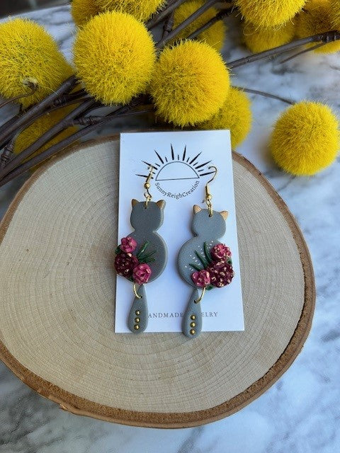 Floral Cat Dangle Earrings | Gold Accents