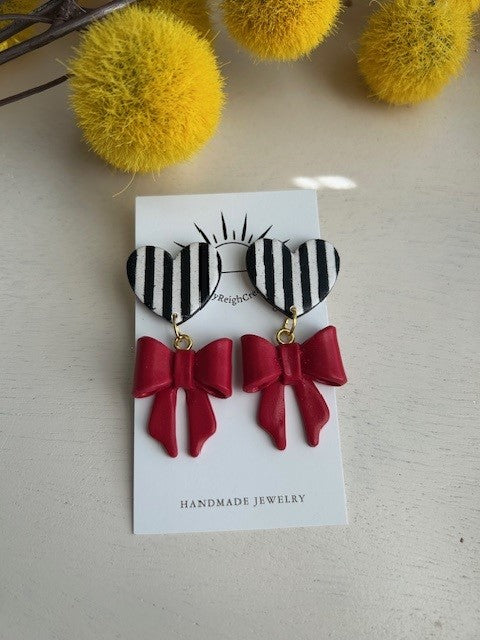 Striped Heart & Red Bow Earrings| Dangle