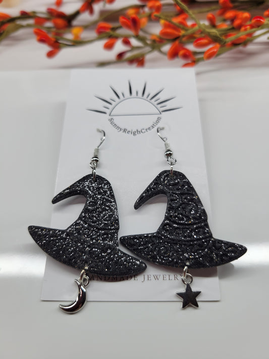 Black Witches Hat - Sparkle | Dangle Earrings
