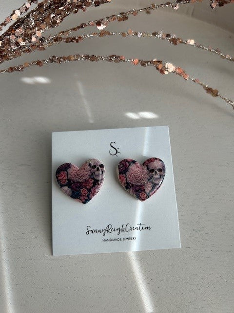 Gothic Romance Heart Earrings – Skull & Floral Design | Stud Earrings